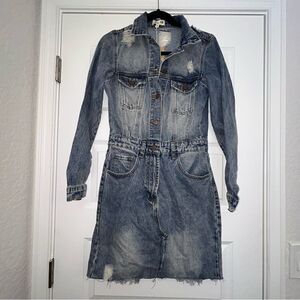 New, Malibu Bum Long Sleeve Button Front Distressed Denim Dress